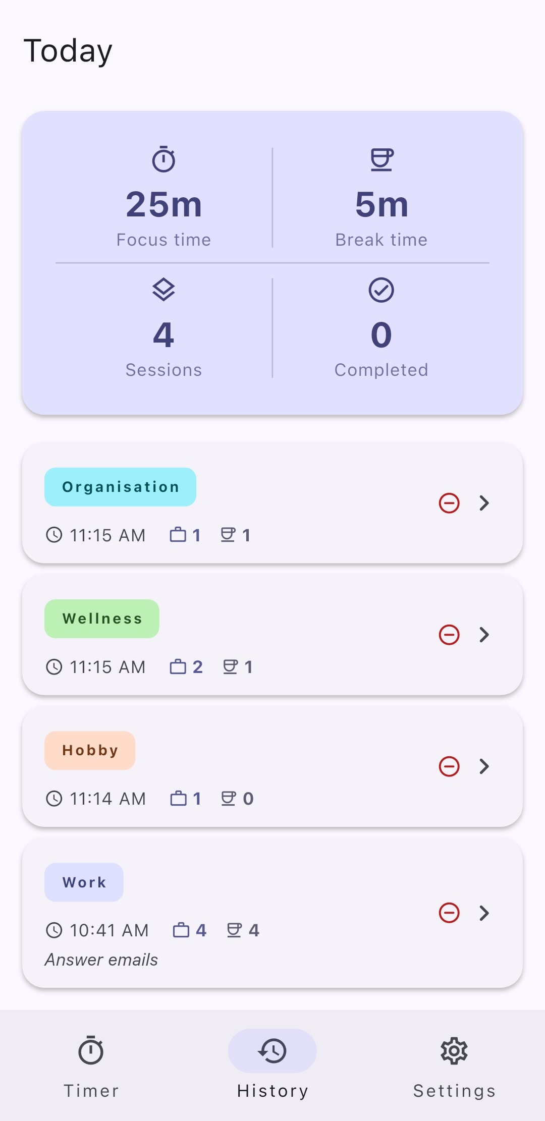Session history (historial) overview screen