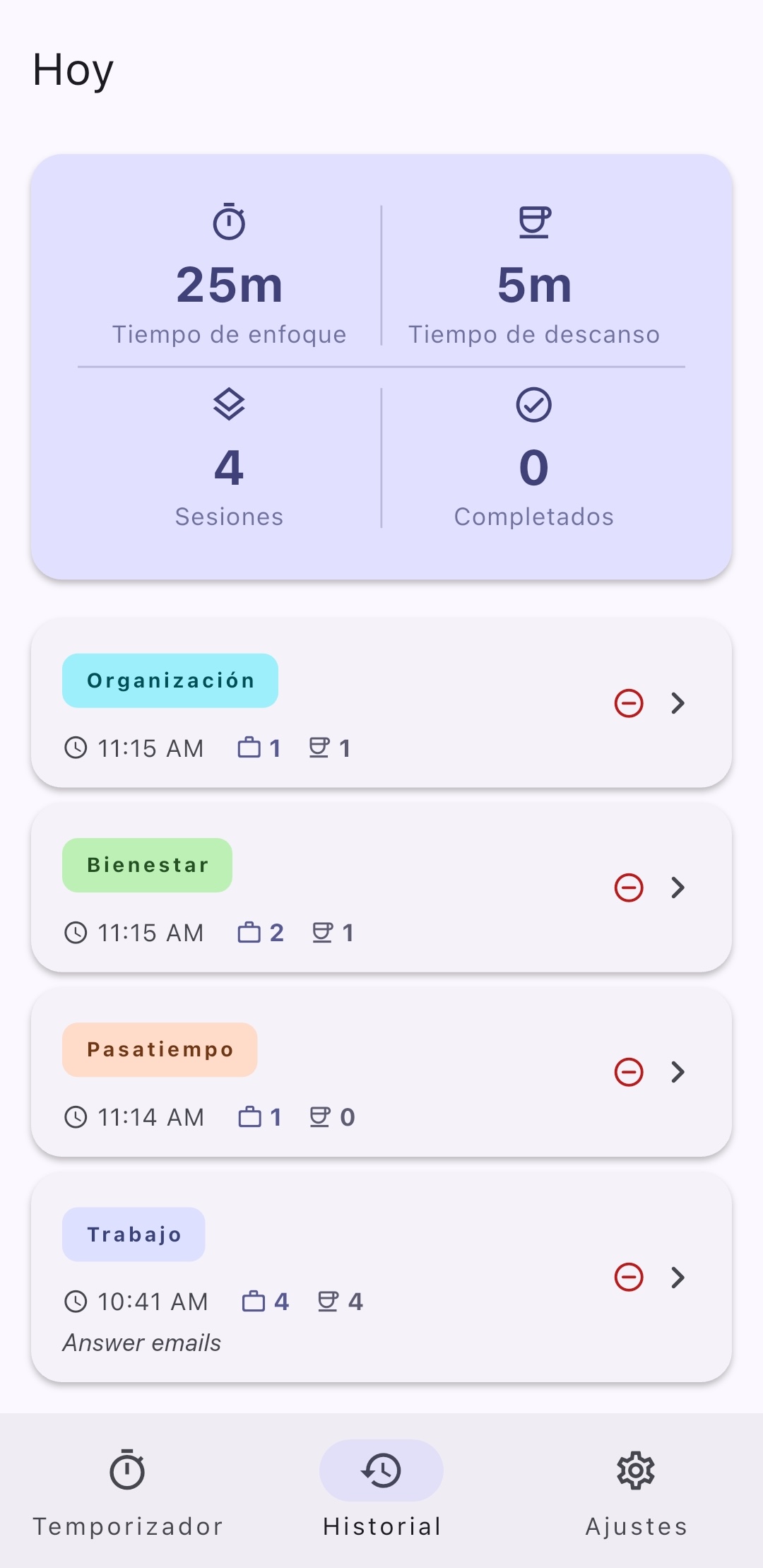 Pantalla de resumen del historial de sesiones