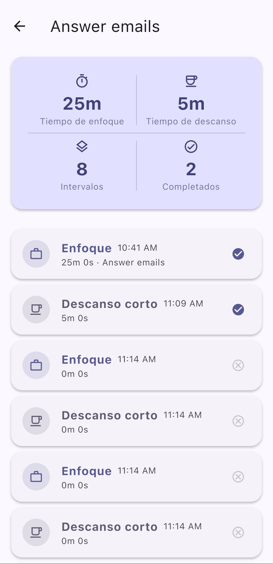 Entrada detallada del historial mostrando estadísticas de sesión individual