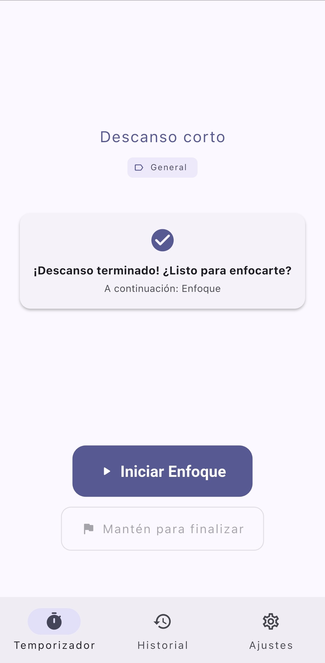 Pantalla de finalización de intervalo celebrando una sesión completada