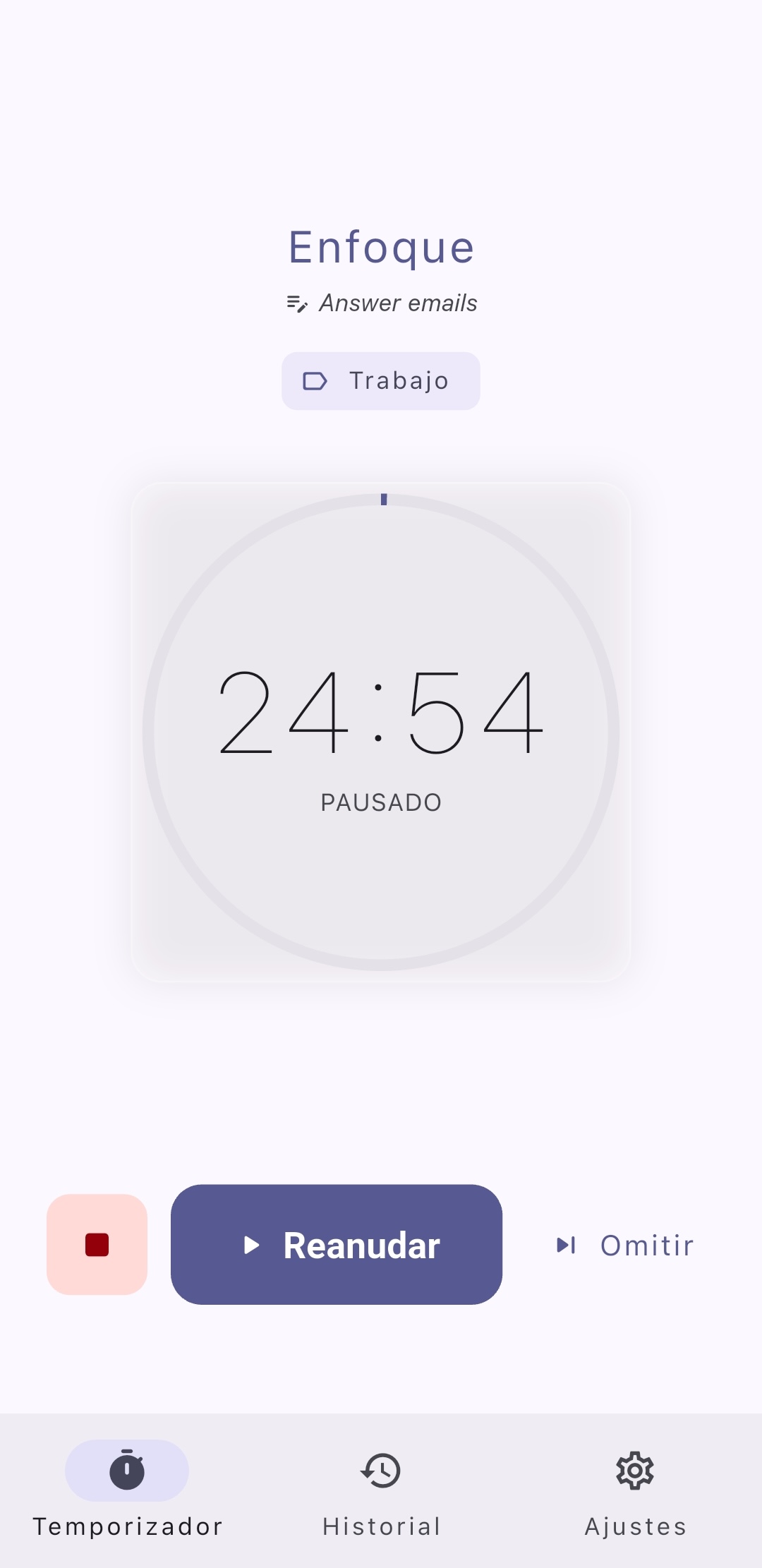 Pantalla de descanso (pausa) que invita al usuario a relajarse