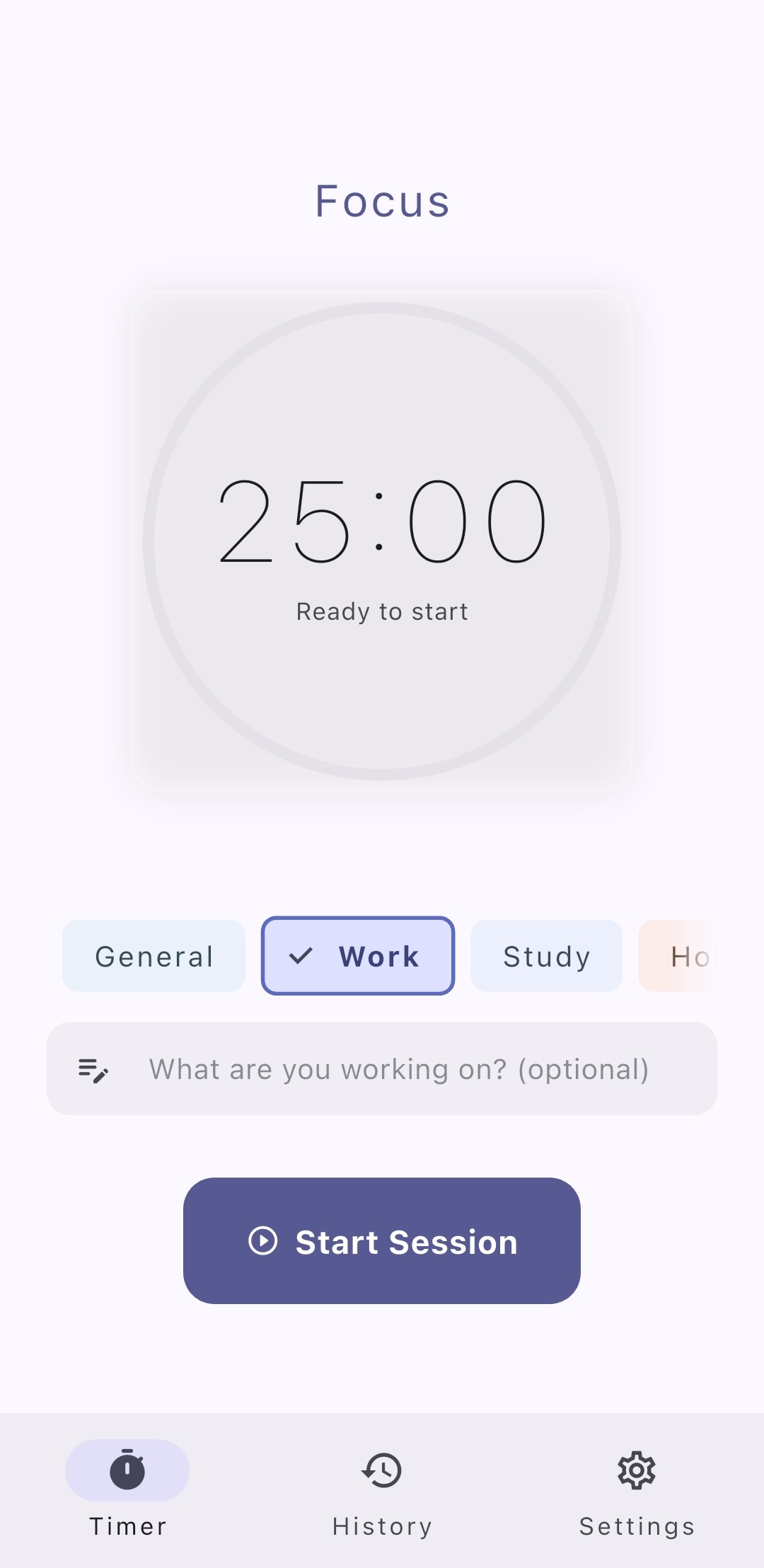 Seidō timer session screen showing an active pomodoro countdown