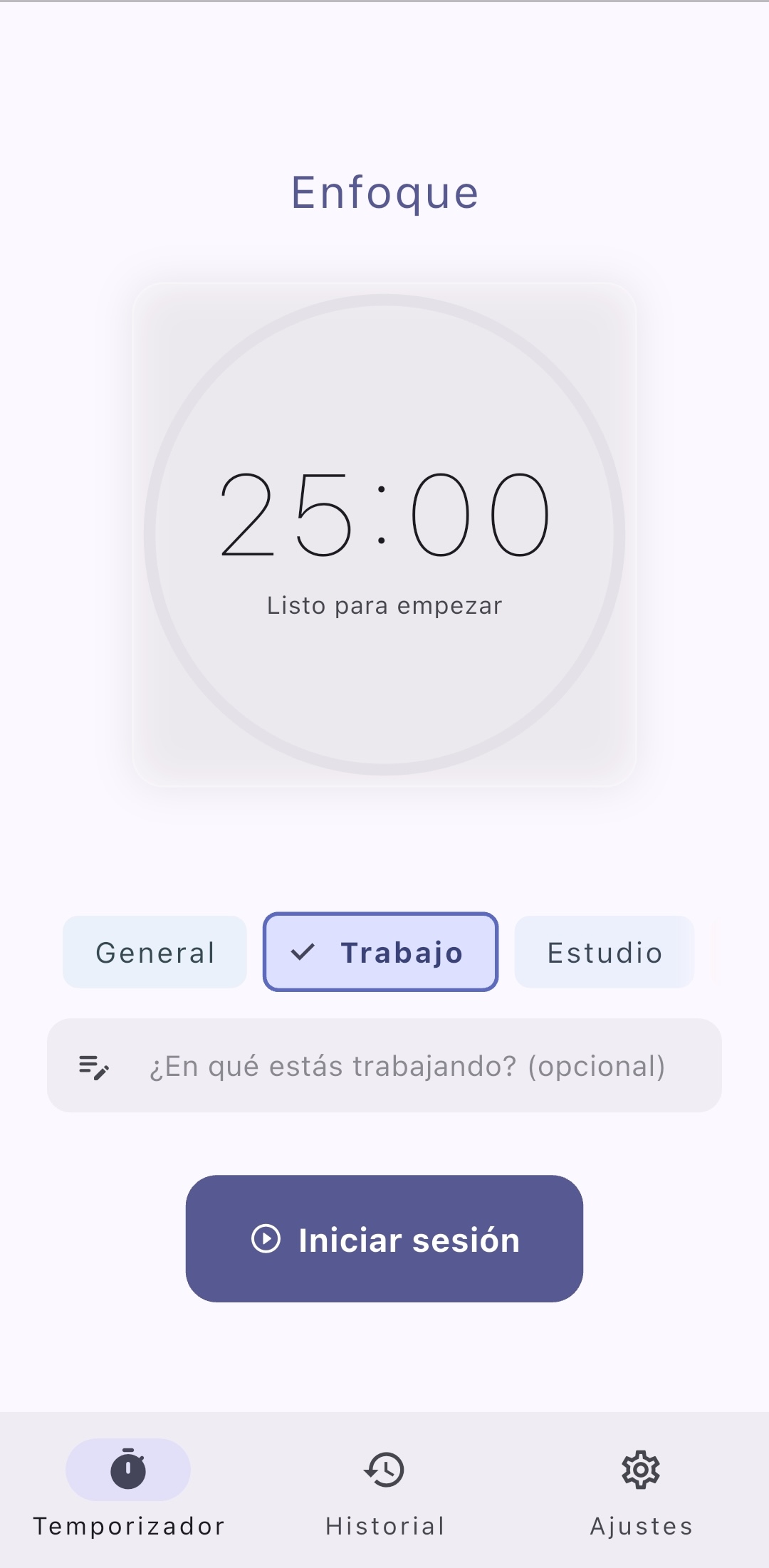 Pantalla de sesión del temporizador Seidō mostrando una cuenta regresiva activa de pomodoro