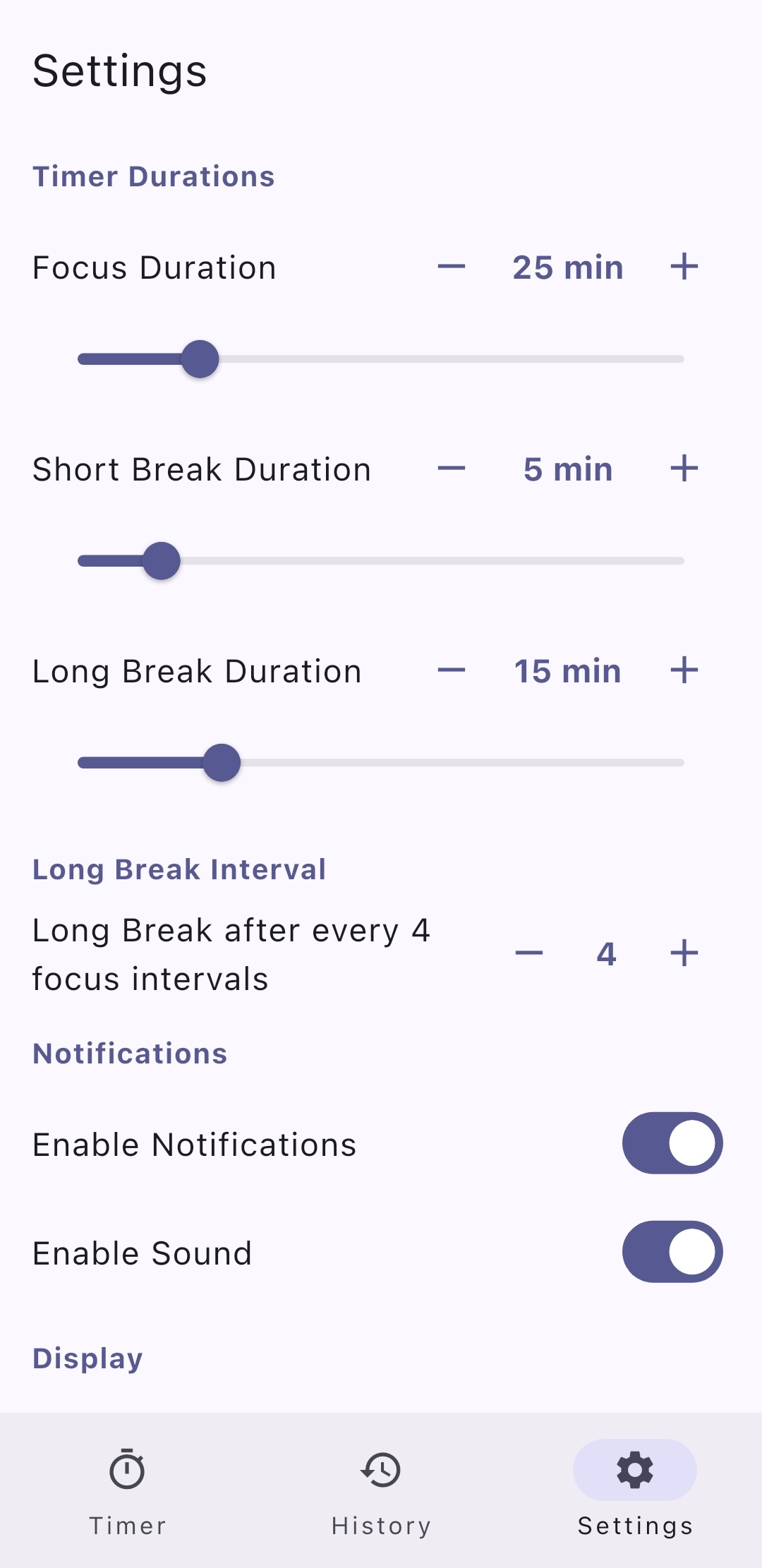 Application settings screen for customising preferences