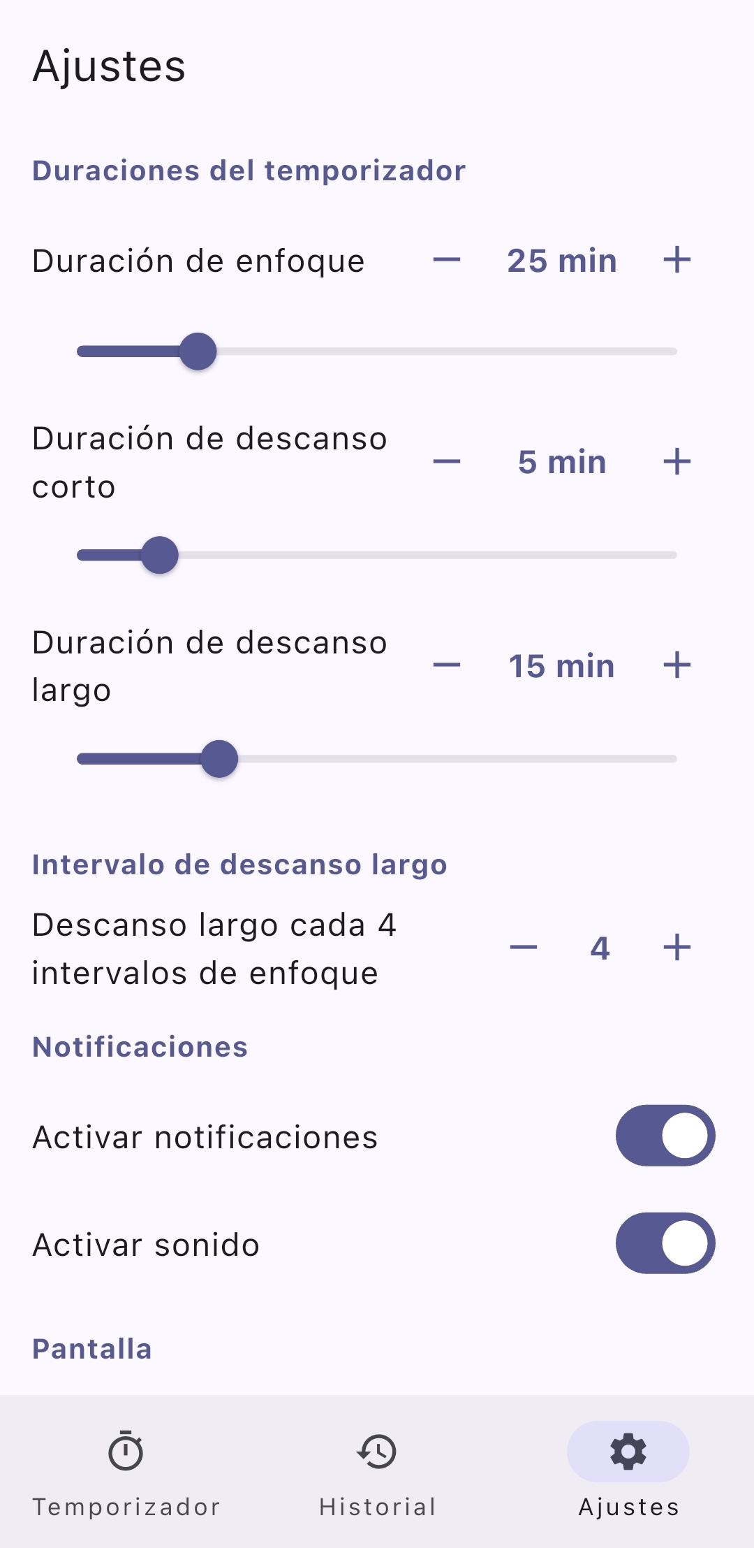 Pantalla de ajustes de la aplicación para personalizar preferencias